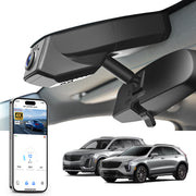 Car rearview mirror built-in dash cam with smartphone app control, 4K Ultra HD recording, GPS tracking, and Cadillac XT5 XT6 SUV models in the background.