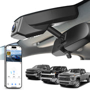 Car rearview mirror built-in dash cam with smartphone app control, 4K Ultra HD recording, GPS tracking, and Chevy Silverado pickup truck models in the background.