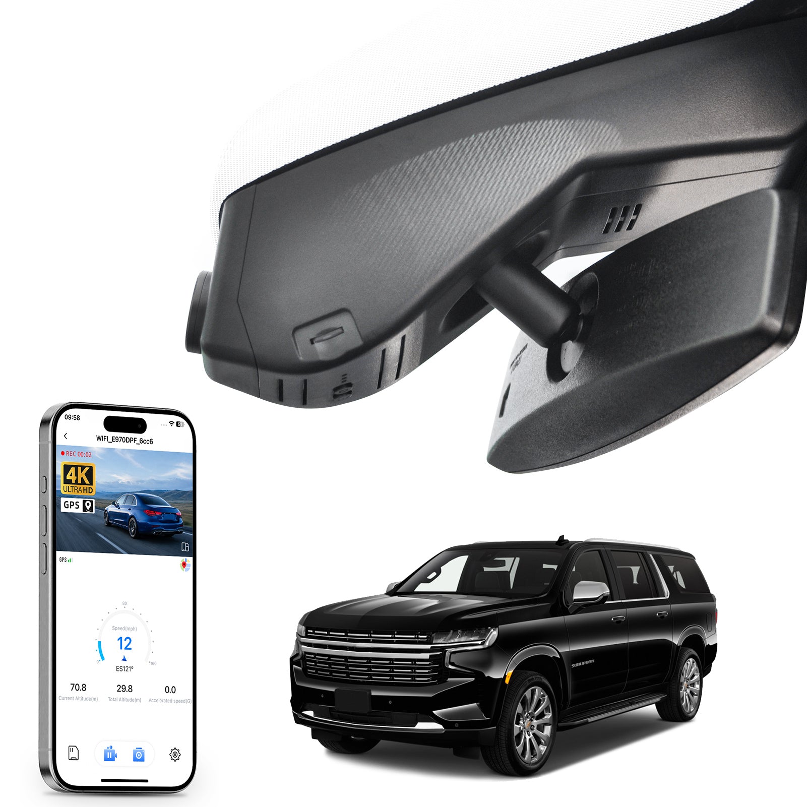 Car rearview mirror built-in dash cam with smartphone app control, 4K Ultra HD recording, GPS tracking, and Chevy Suburban Tahoe SUV models in the background.