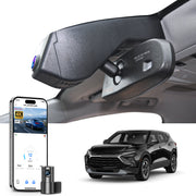 Car rearview mirror built-in dash cam with smartphone app control, 4K Ultra HD recording, GPS tracking, and Chevy Blazer SUV models in the background.