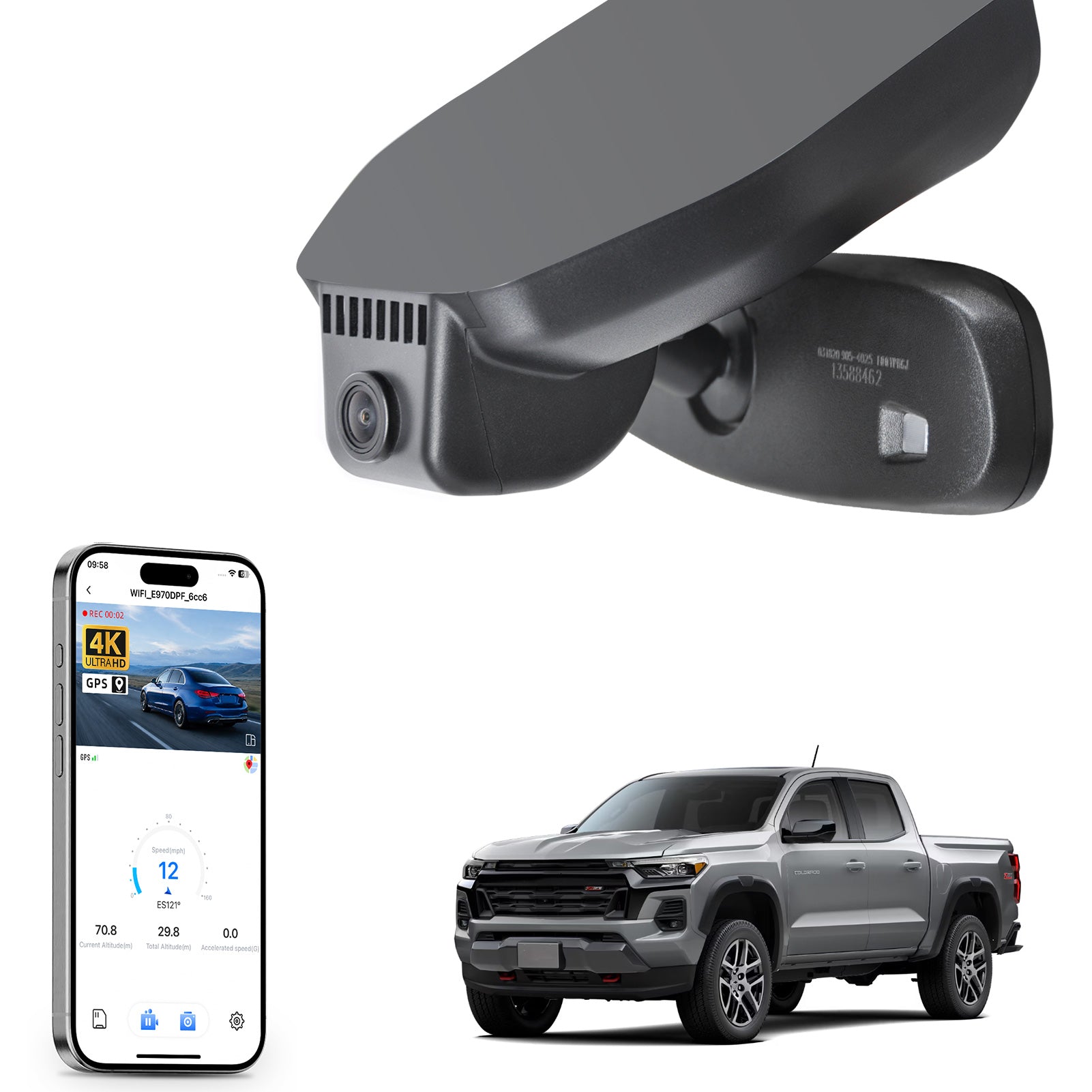 Car rearview mirror built-in dash cam with smartphone app control, 4K Ultra HD recording, GPS tracking, and Chevy Colorado Truck models in the background.