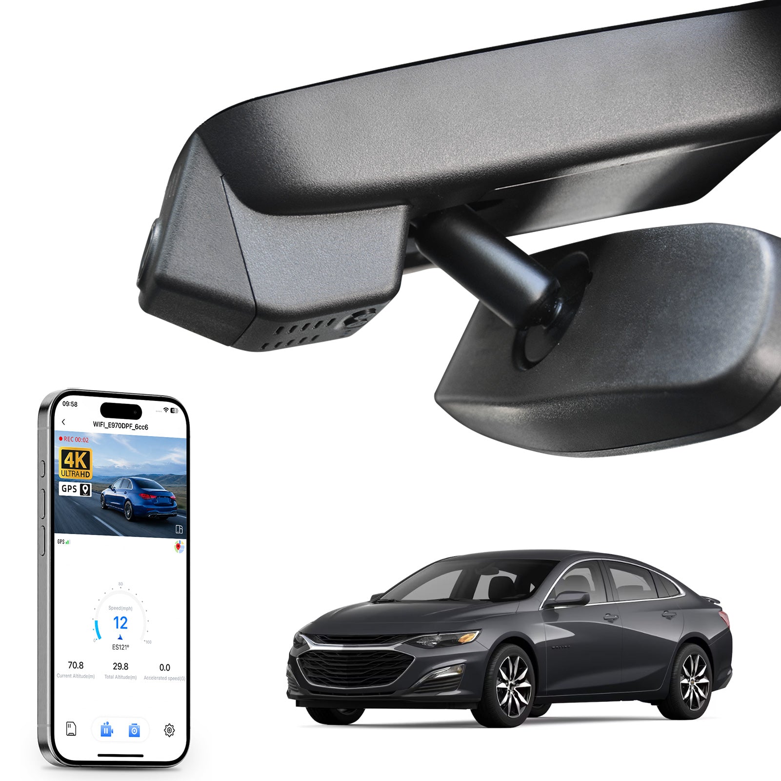 Car rearview mirror built-in dash cam with smartphone app control, 4K Ultra HD recording, GPS tracking, and Chevy Malibu vehicles models in the background.