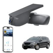 Car rearview mirror built-in dash cam with smartphone app control, 4K Ultra HD recording, GPS tracking, and Chrysler Pacifica MPV models in the background.