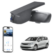 Car rearview mirror built-in dash cam with smartphone app control, 4K Ultra HD recording, GPS tracking, and Chrysler Voyager MPV models in the background.