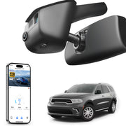 Car built-in dash cam with smartphone app control, 4K Ultra HD recording, GPS tracking, and Dodge Durango SUV models in the background.