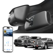Car rearview mirror built-in dash cam with smartphone app control, 4K Ultra HD recording, GPS tracking, and Dodge RAM Gen4 Pickup models in the background.