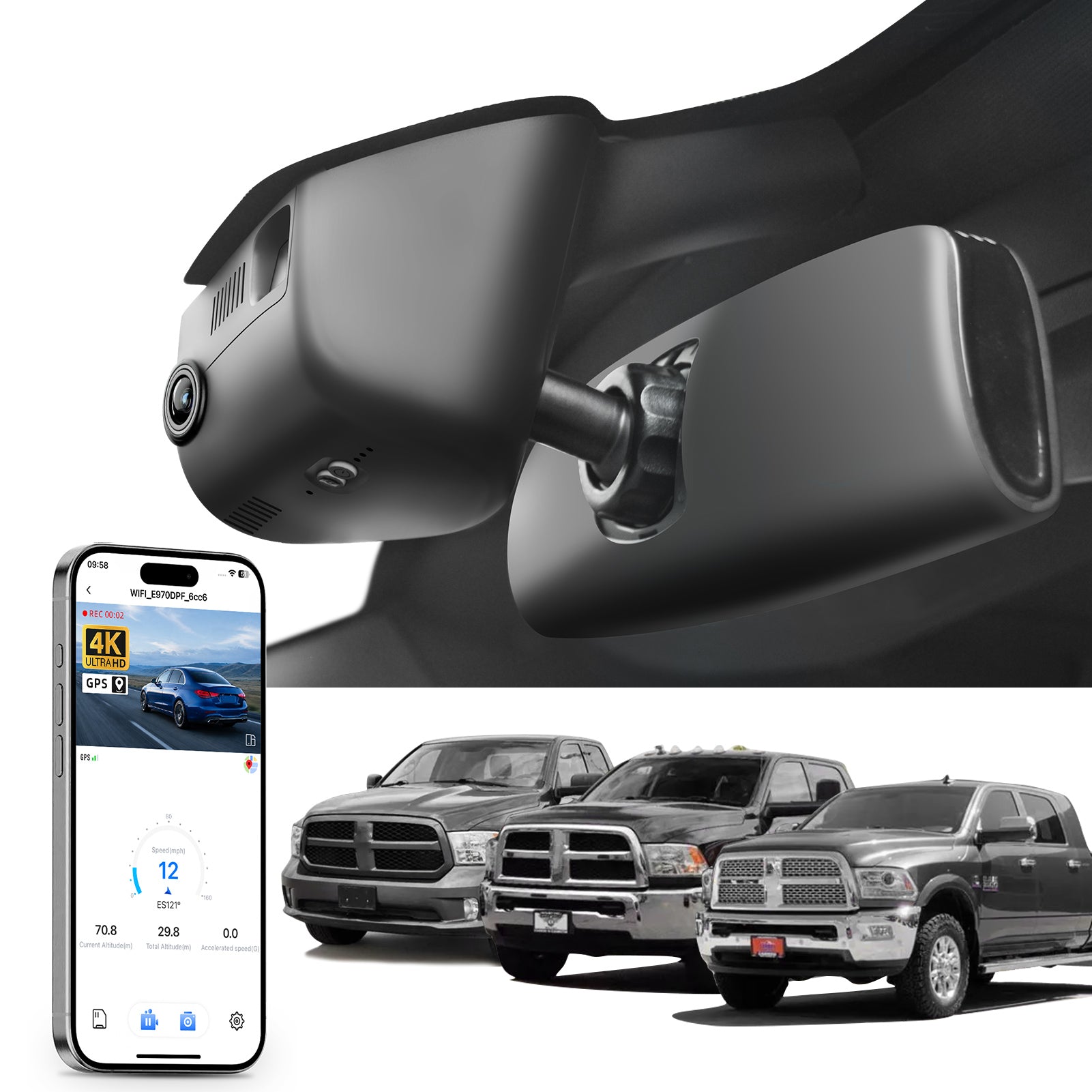 Car rearview mirror built-in dash cam with smartphone app control, 4K Ultra HD recording, GPS tracking, and Dodge RAM Gen4 Pickup models in the background.