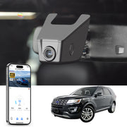 Car rearview mirror dash cam with smartphone app control, 4K Ultra HD recording, GPS tracking, and Ford Explorer SUV models in the background.