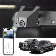 Car built-in dash cam with smartphone app control, 4K Ultra HD recording, GPS tracking, and Ford F-series truck models in the background.