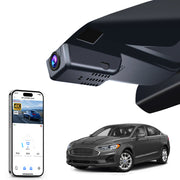 Car rearview mirror built-in dash cam with smartphone app control, 4K Ultra HD recording, GPS tracking, and Ford Maverick pickup truck models in the background.