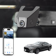 Car rearview mirror built-in dash cam with smartphone app control, 4K Ultra HD recording, GPS tracking, and Ford Mustang sports car models in the background.