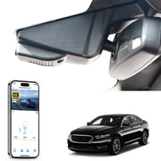 Car rearview mirror built-in dash cam with smartphone app control, 4K Ultra HD recording, GPS tracking, and Ford Taurus Sedan models in the background.