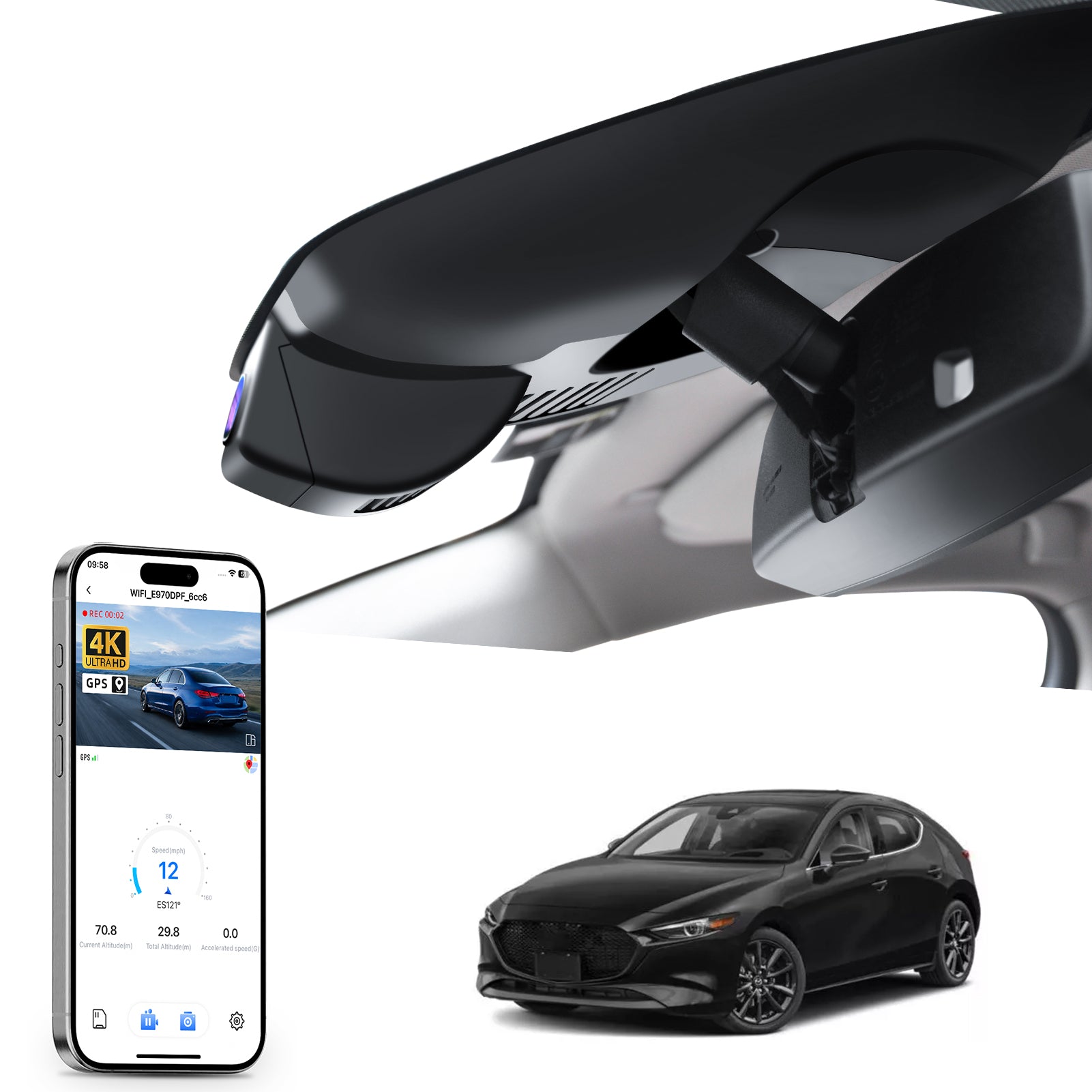 Car rearview mirror built-in dash cam with smartphone app control, 4K Ultra HD recording, GPS tracking, and Mazda 3 Sedans models in the background.