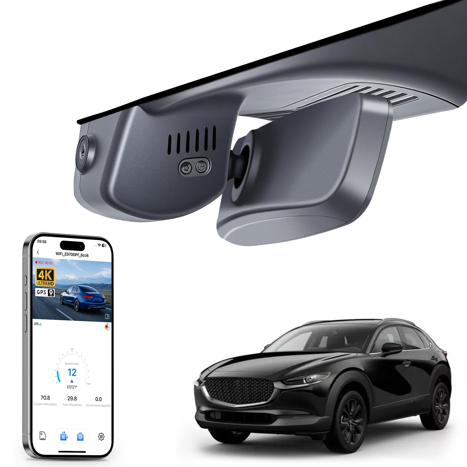Car rearview mirror built-in dash cam with smartphone app control, 4K Ultra HD recording, GPS tracking, and Mazda CX-30 Crossover models in the background.