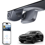 Car rearview mirror built-in dash cam with smartphone app control, 4K Ultra HD recording, GPS tracking, and Mazda CX-30 Crossover models in the background.