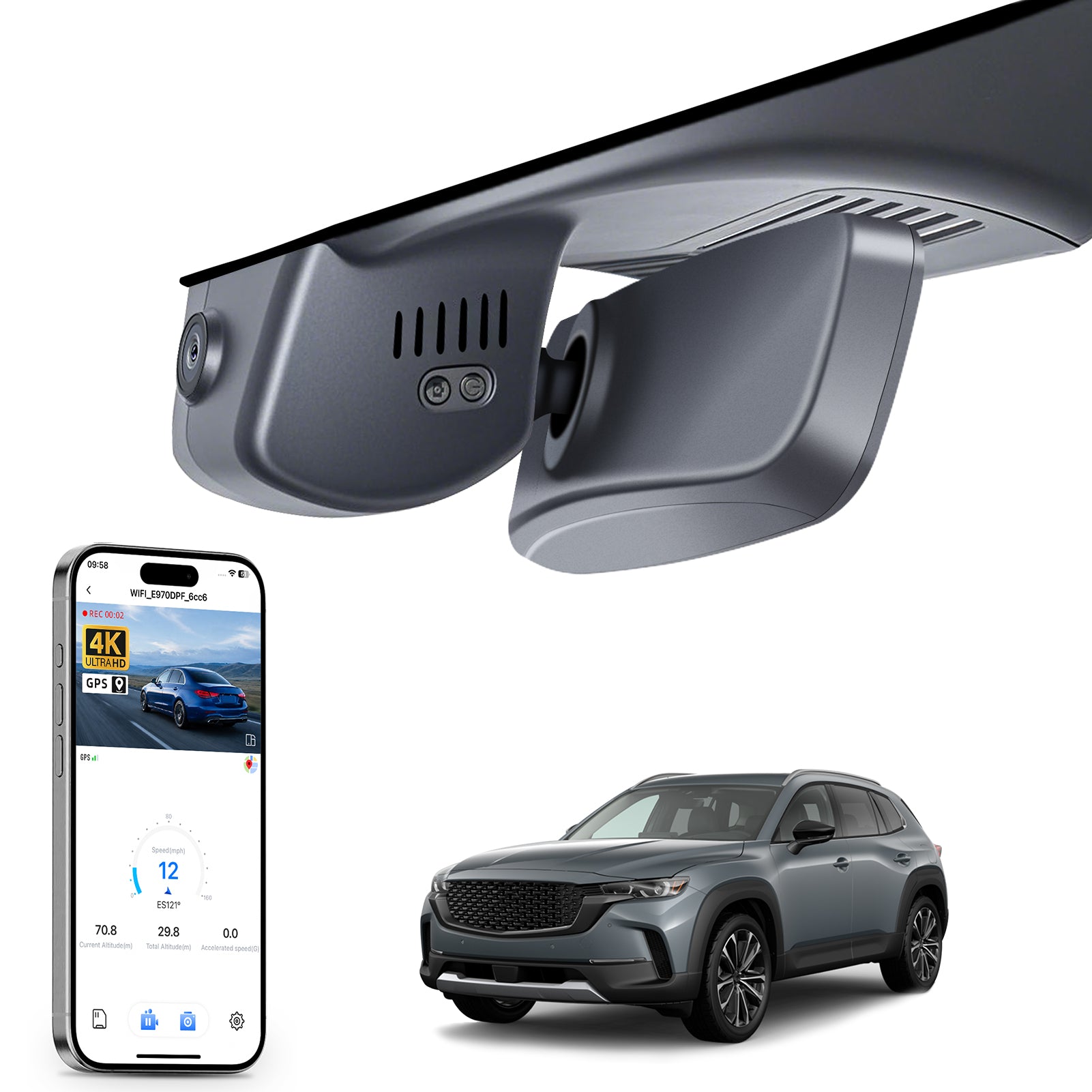Car rearview mirror built-in dash cam with smartphone app control, 4K Ultra HD recording, GPS tracking, and Mazda CX-50 Off-road SUV models in the background.