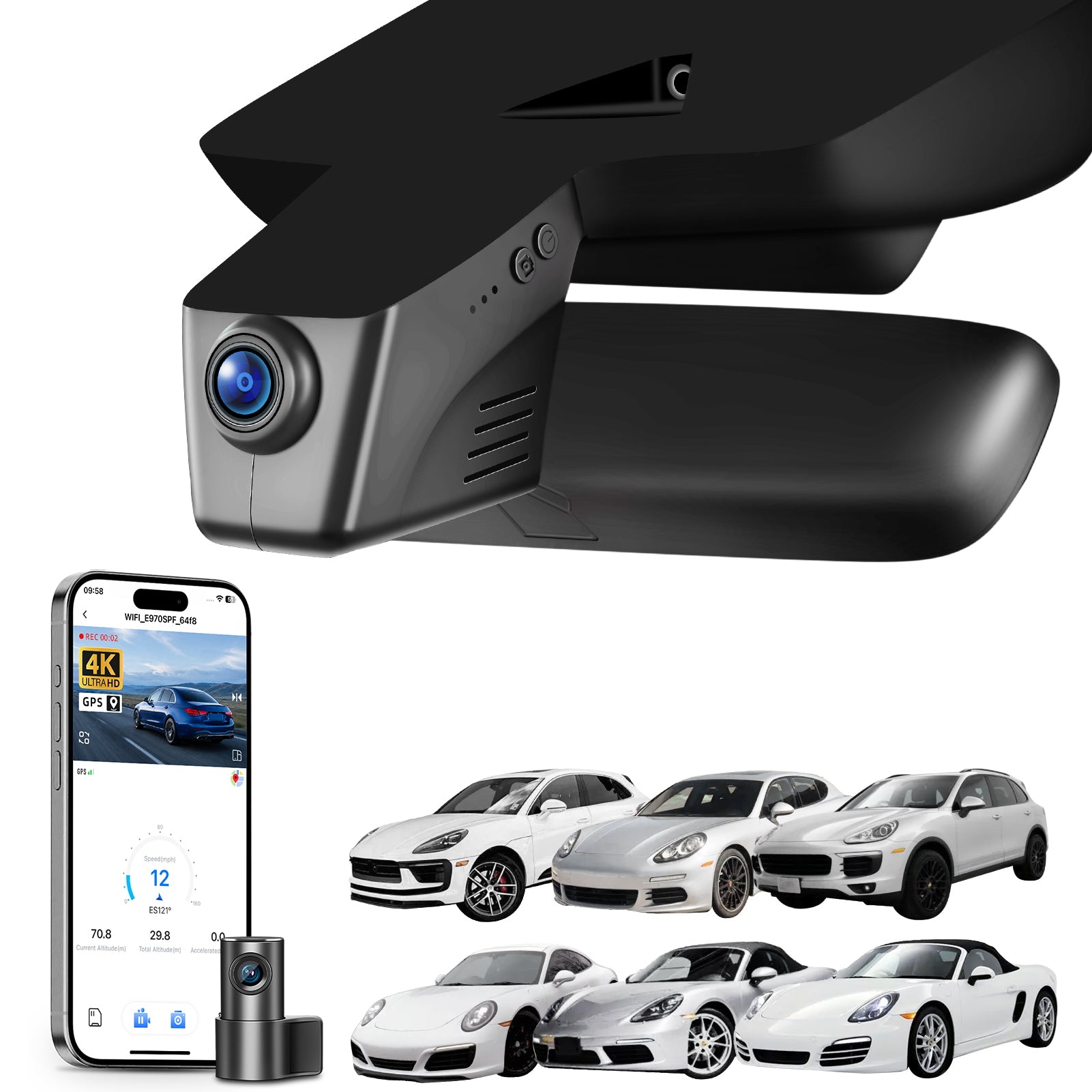 Car rearview mirror built-in dash cam with smartphone app control, 4K Ultra HD recording, GPS tracking, and Porsche vehicles models in the background.