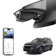 Car rearview mirror built-in dash cam with smartphone app control, 4K Ultra HD recording, GPS tracking, and Subaru Ascent SUV models in the background.