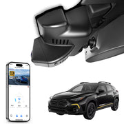 Car rearview mirror built-in dash cam with smartphone app control, 4K Ultra HD recording, GPS tracking, and Subaru Crosstrek SUV models in the background.