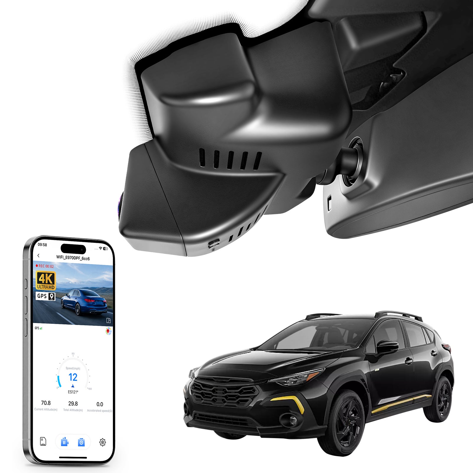Car rearview mirror built-in dash cam with smartphone app control, 4K Ultra HD recording, GPS tracking, and Subaru Crosstrek SUV models in the background.