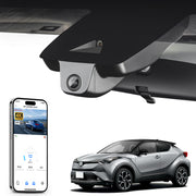 Car rearview mirror built-in dash cam with smartphone app control, 4K Ultra HD recording, GPS tracking, and Toyota C-HR SUV models in the background.