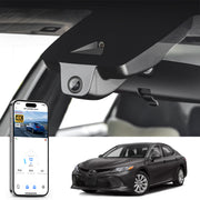 Car rearview mirror built-in dash cam with smartphone app control, 4K Ultra HD recording, GPS tracking, and Toyota Camry Sedan models in the background.