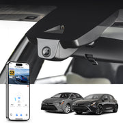 Car rearview mirror built-in dash cam with smartphone app control, 4K Ultra HD recording, GPS tracking, and Toyota Corolla Sedan models in the background.