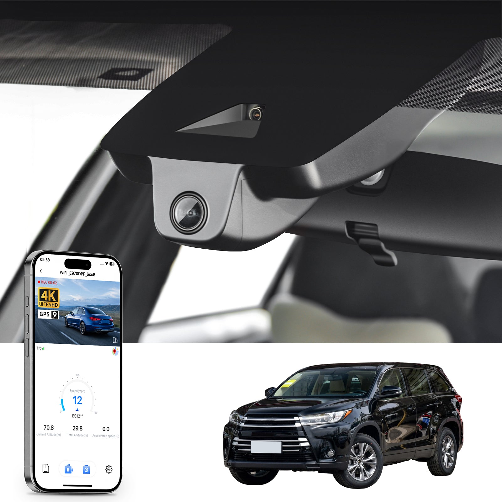 Car rearview mirror built-in dash cam with smartphone app control, 4K Ultra HD recording, GPS tracking, and Toyota Highlander SUV models in the background.