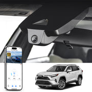 Car rearview mirror built-in dash cam with smartphone app control, 4K Ultra HD recording, GPS tracking, and Toyota RAV4 SUV models in the background.