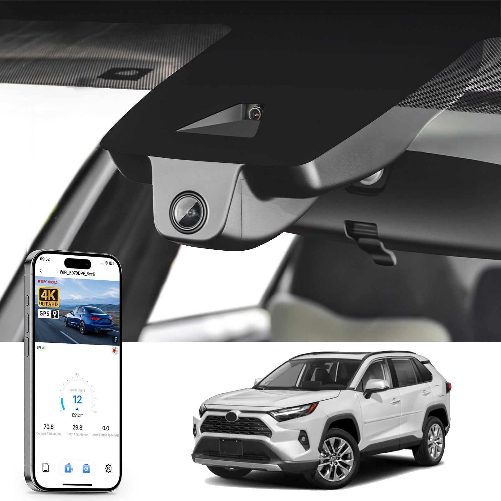 Car rearview mirror built-in dash cam with smartphone app control, 4K Ultra HD recording, GPS tracking, and Toyota RAV4 SUV models in the background.