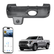 Car rearview mirror built-in dash cam with smartphone app control, 4K Ultra HD recording, GPS tracking, and Toyota Tacoma Pickup models in the background.