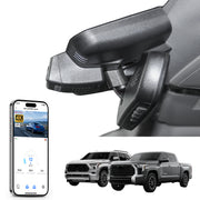Car rearview mirror built-in dash cam with smartphone app control, 4K Ultra HD recording, GPS tracking, and Toyota Tundra Pickup models in the background.