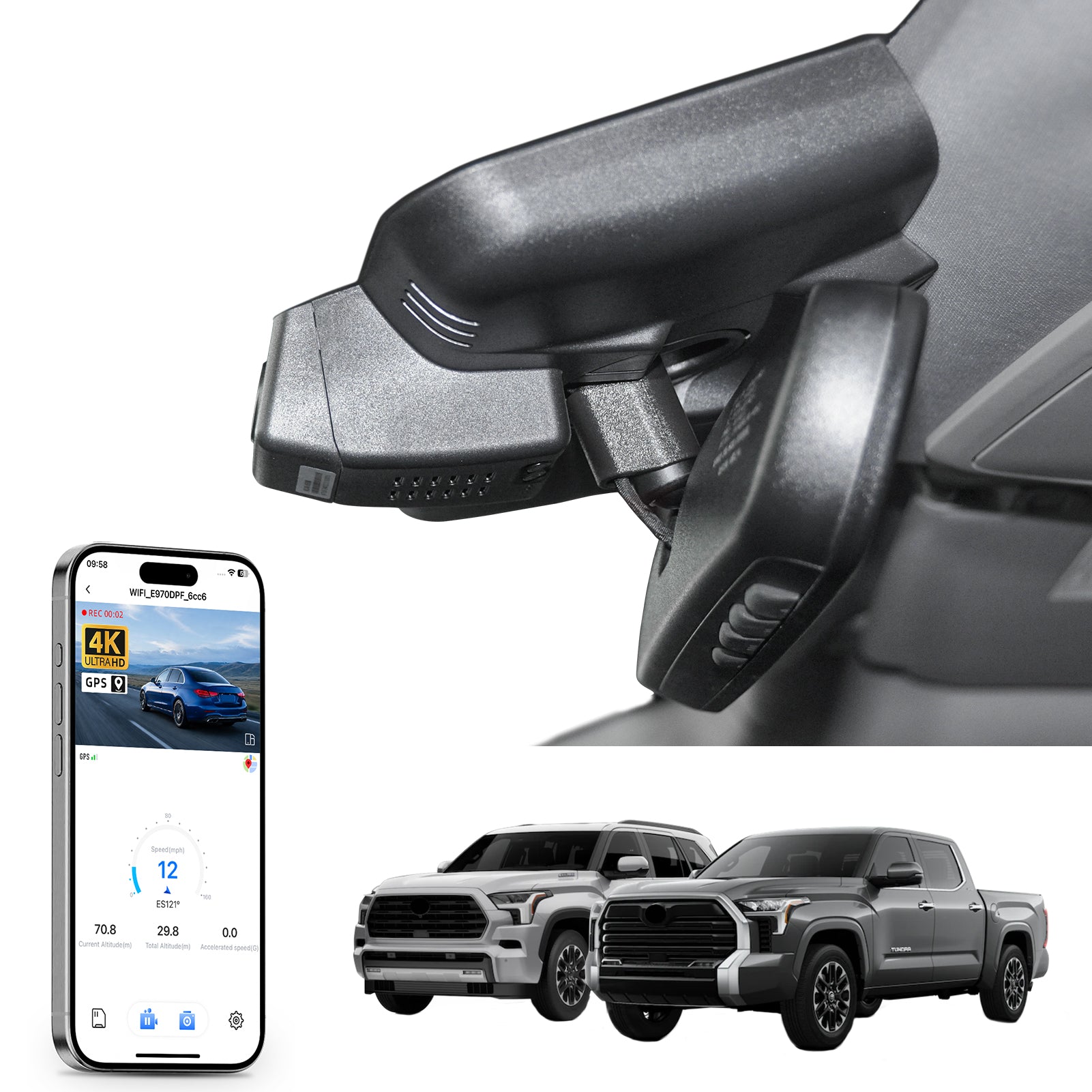 Car rearview mirror built-in dash cam with smartphone app control, 4K Ultra HD recording, GPS tracking, and Toyota Tundra Pickup models in the background.