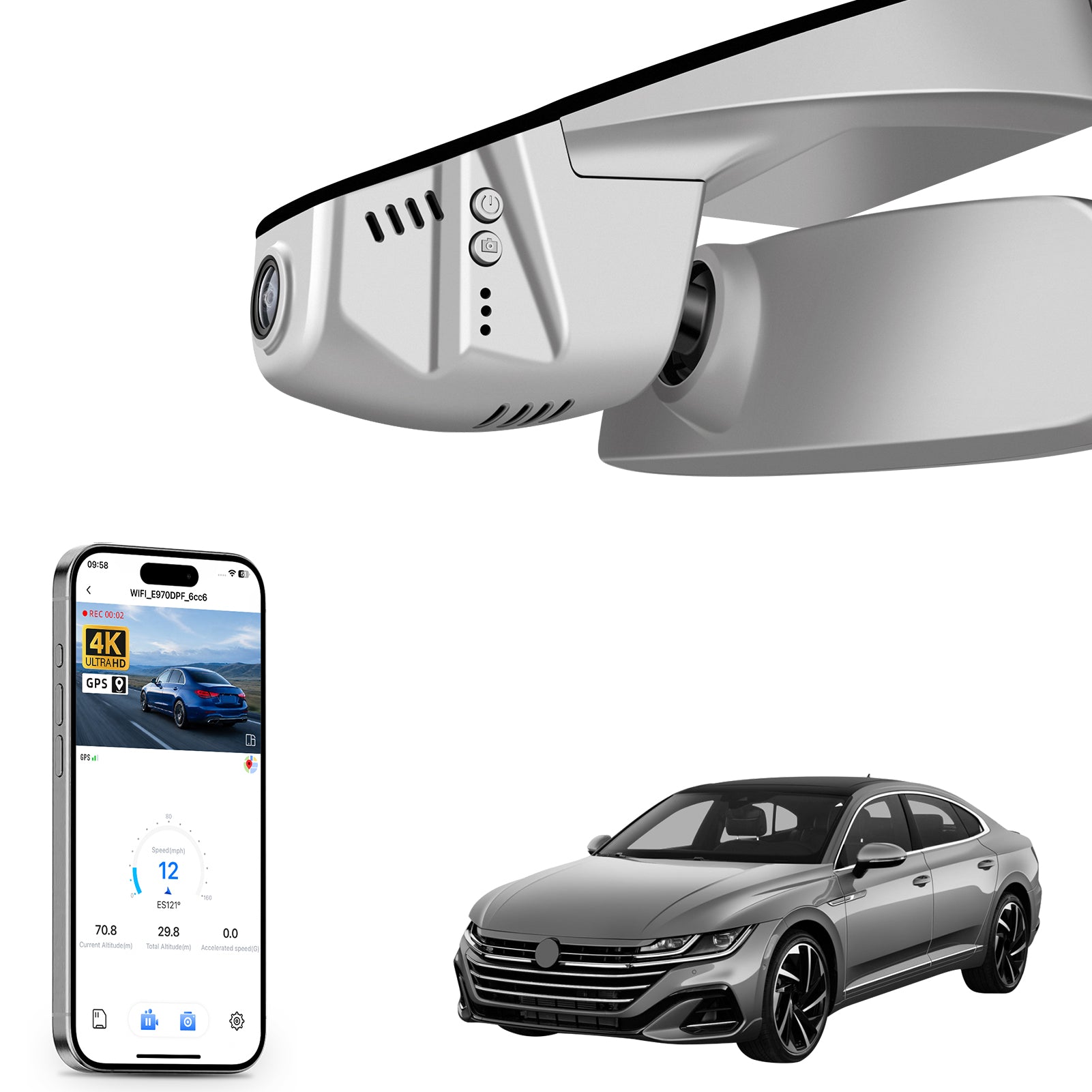 Car rearview mirror built-in dash cam with smartphone app control, 4K Ultra HD recording, GPS tracking, and Volkswagen Arteon Coupe models in the background.
