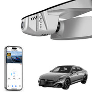 Car rearview mirror built-in dash cam with smartphone app control, 4K Ultra HD recording, GPS tracking, and Volkswagen Arteon Coupe models in the background.