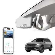 Car rearview mirror built-in dash cam with smartphone app control, 4K Ultra HD recording, GPS tracking, and Volkswagen Tiguan SUV models in the background.