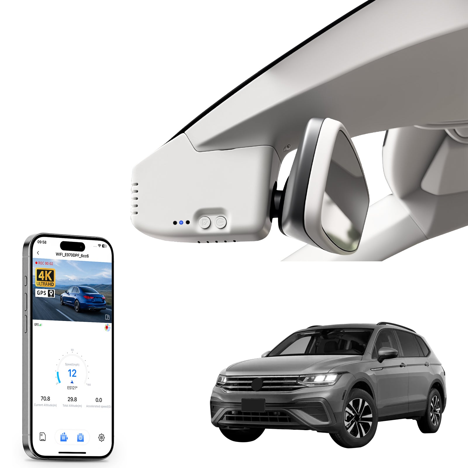 Car rearview mirror built-in dash cam with smartphone app control, 4K Ultra HD recording, GPS tracking, and Volkswagen Tiguan SUV models in the background.