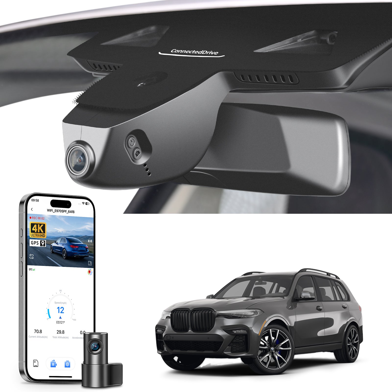 2 channel dash cam with dual STARVIS 2, features smartphone app control, 4K Ultra HD recording, GPS tracking, and BMW X7 SUV in the background.  