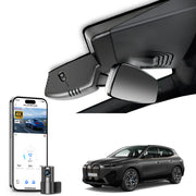 2 channel dash cam with dual STARVIS 2, features smartphone app control, 4K Ultra HD recording, GPS tracking, and BMW iX SUV in the background. 
