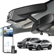 Car rearview mirror built-in dash cam with smartphone app control, 4K Ultra HD recording, GPS tracking, and Cadillac XT5 XT6 SUV models in the background.