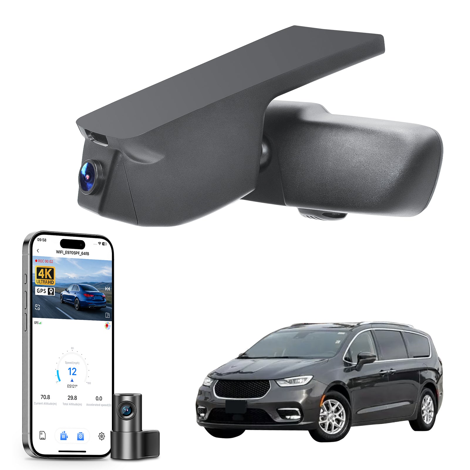 Car rearview mirror built-in dash cam with smartphone app control, 4K Ultra HD recording, GPS tracking, and Chrysler Pacifica MPV models in the background.