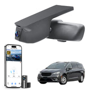 Car rearview mirror built-in dash cam with smartphone app control, 4K Ultra HD recording, GPS tracking, and Chrysler Pacifica MPV models in the background.