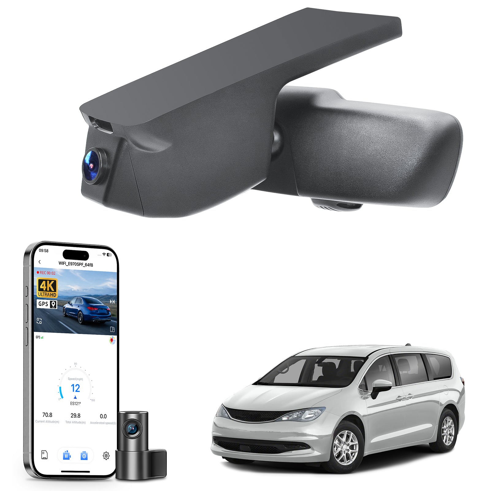 Car rearview mirror built-in dash cam with smartphone app control, 4K Ultra HD recording, GPS tracking, and Chrysler Voyager MPV models in the background.