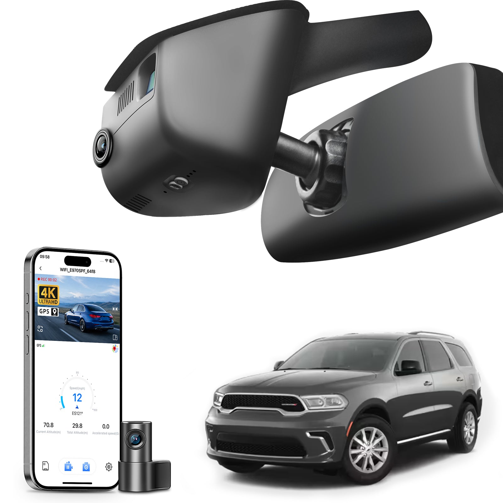 Car dashboard camera,smartphone app control, 4K Ultra HD recording, GPS tracking, and Dodge Durango SUV models in the background.