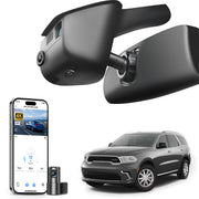 Car dashboard camera,smartphone app control, 4K Ultra HD recording, GPS tracking, and Dodge Durango SUV models in the background.