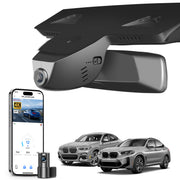 2 channel dash cam with dual STARVIS 2, features smartphone app control, 4K Ultra HD recording, GPS tracking, and BMW X4 Gen2 SAC models in the background.  
