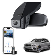 2 channel dash cam with dual STARVIS 2, features smartphone app control, 4K Ultra HD recording, GPS tracking, and BMW X5 Gen3 SUV models in the background.  