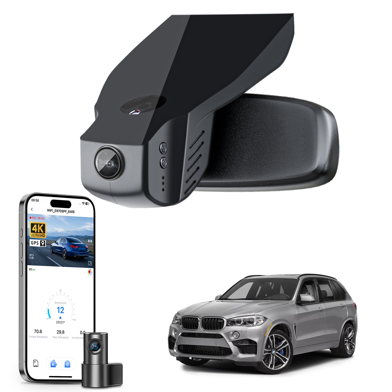 2 channel dash cam with dual STARVIS 2, features smartphone app control, 4K Ultra HD recording, GPS tracking, and BMW X5 Gen3 SUV models in the background.  