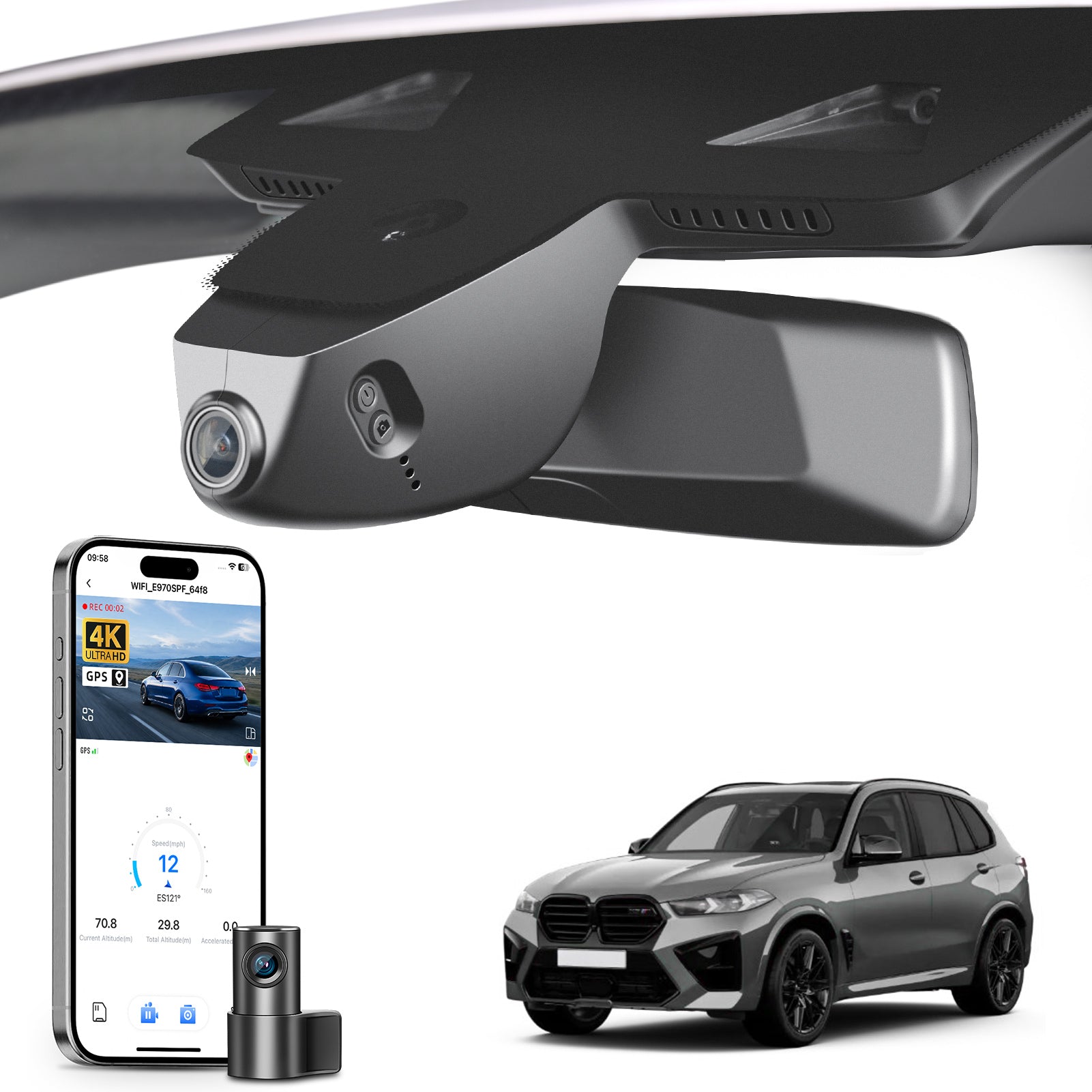2 channel dash cam with dual STARVIS 2, features smartphone app control, 4K Ultra HD recording, GPS tracking, and BMW X5 Gen4 SUV models in the background.  