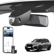 2 channel dash cam with dual STARVIS 2, features smartphone app control, 4K Ultra HD recording, GPS tracking, and BMW X5 Gen4 SUV models in the background.  